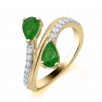 18ct Yellow Gold Emerald and Diamond two-stone Twist Ring