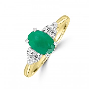 18ct Gold Oval Emerald and Heart cut Diamond Trilogy ring