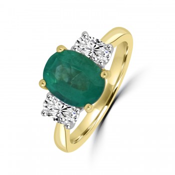 18ct Gold Oval 1.81ct Emerald and Diamond Three-stone ring