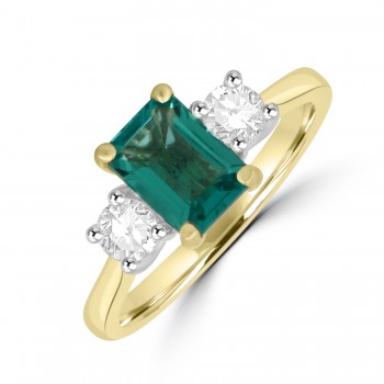 18ct Gold Emerald cut Emerald and Diamond three stone ring