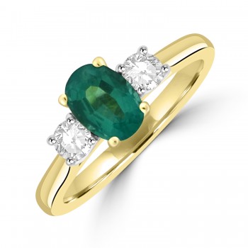 18ct Gold Oval Emerald and Diamond Three-stone ring