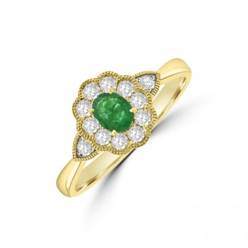 18ct Gold Emerald & Diamond Oval Vintage Cluster Ring
