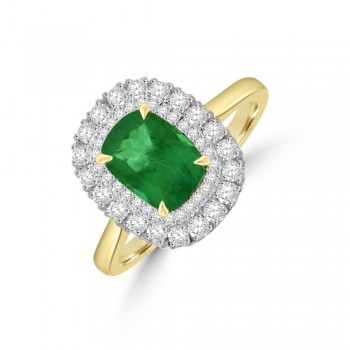 18ct Gold Cushion Emerald Double Diamond Halo Ring