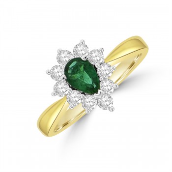 18ct Gold Pear .49ct Emerald and Diamond Cluster Ring