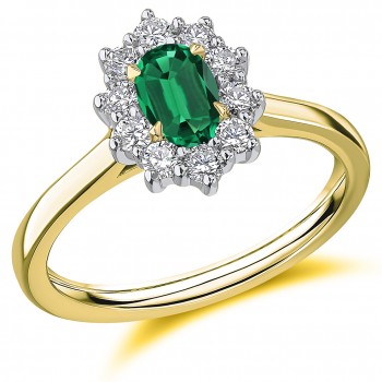 18ct Gold Platinum Emerald and Diamond Cluster wedd fit ring