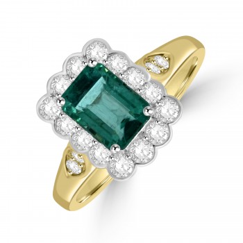18ct Yellow Gold Emerald and Diamond Halo Ring