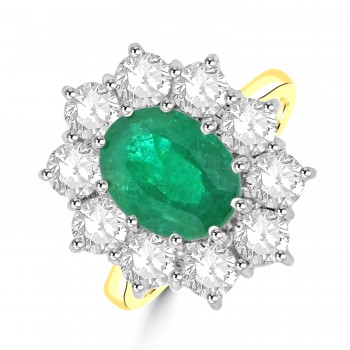 18ct Gold 2.77ct Emerald and Diamond oval cluster ring