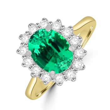 18ct Gold Platinum Emerald and Diamond Oval Cluster ring