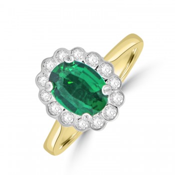 18ct Gold Platinum Oval Emerald Rubover Diamond cluster ring