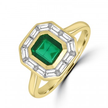 18ct Gold Emerald and Baguette Diamond Cluster ring