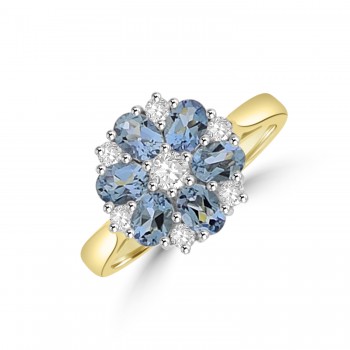 18ct Gold Aquamarine and Diamond Daisy Cluster Ring