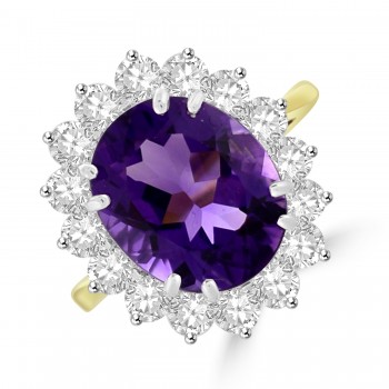 18ct Gold 2.70ct Amethyst and Diamond Oval Cluster Ring