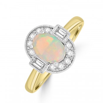 18ct Gold Opal and Baguette Diamond cluster ring
