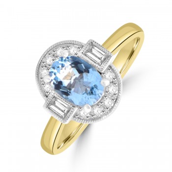 18ct Gold Aquamarine and Baguette Diamond Cluster ring