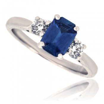 18ct Gold emerald cut Sapphire and Diamond Three stone ring