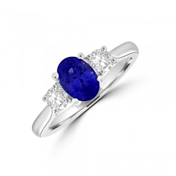 18ct White Gold Oval Sapphire & Diamond Three-stone Ring