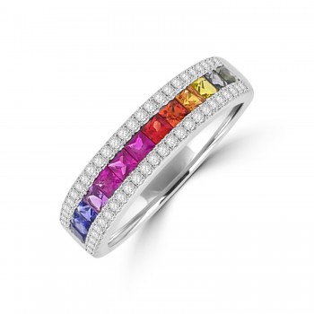 18ct White Gold 3-Row Rainbow Sapphire & Diamond Eternity Ring