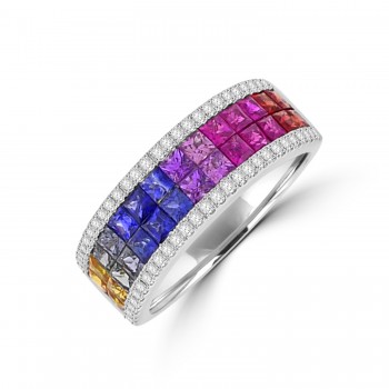 18ct White Gold 4-Row Rainbow Sapphire & Diamond Eternity Ring