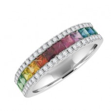 18ct White Gold 3-Row Rainbow Sapphire Diamond Eternity Ring
