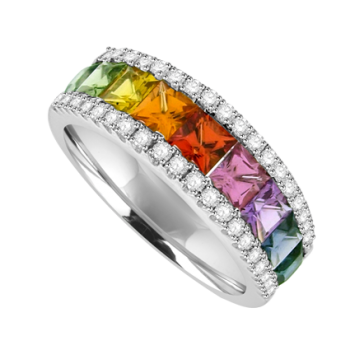 18ct White Gold Rainbow Sapphire Diamond 3-row Eternity Ring