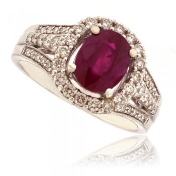 18ct White Gold Ruby and Diamond Halo Solitaire ring