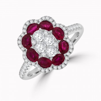 18ct White Gold Ruby & Diamond Flower Cluster Ring