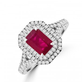 18ct White Gold Ruby and Diamond Double Halo Ring