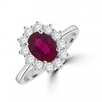 18ct White Gold Ruby and Diamond Oval Cluster Ring