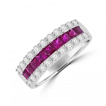 18ct White Gold Ruby and Diamond Three Row Ring.