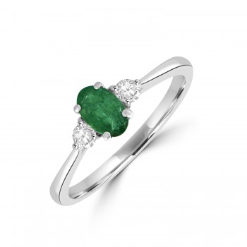 18ct White Gold  Three-stone Oval Emerald and Diamond ring