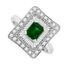 18ct White Gold Emerald & Baguette Diamond Square Cluster Ring