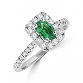 18ct White Gold Oval Emerald & Diamond Halo Ring