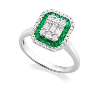 18ct White Gold Emerald & Baguette Diamond Cluster Ring