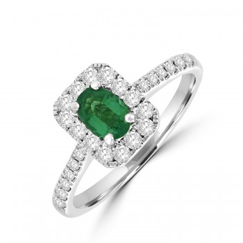 18ct White Gold Emerald and Diamond Octagonal Halo ring