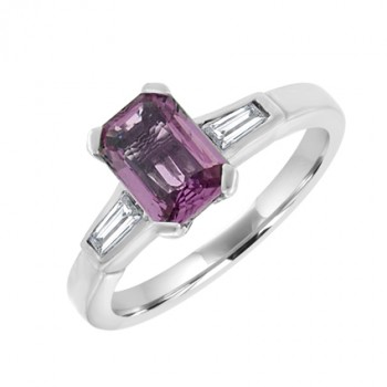 18ct White Gold Pink Sapphire with Baguette Diamond Ring