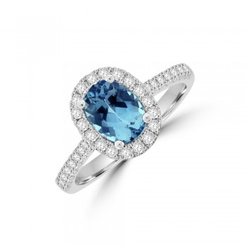 18ct White Gold Oval Aqua Diamond Halo Ring
