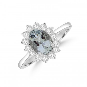 18ct White Gold Aquamarine and Diamond Oval Cluster Ring