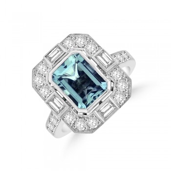 18ct White Gold Emerald cut Aquamarine Baguette Diamond Ring