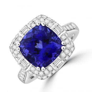 18ct White Gold Tanzanite and Diamond Cushion Halo ring