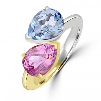18ct Two Tone Gold Blue Topaz and Kunzite Twist ring