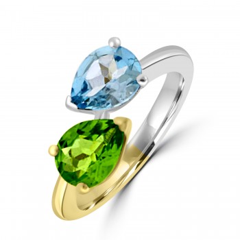 18ct Gold Two Tone Blue Topaz and Peridot Twist ring