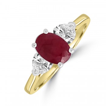 18ct Gold Ruby and Heart cut Diamond Three-stone ring