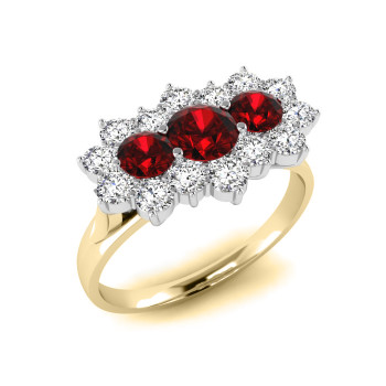 9ct Gold Ruby and Diamond Triple Cluster ring