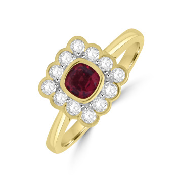 9ct Gold Ruby and Diamond Cushion cluster ring
