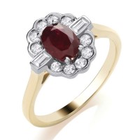 9ct Gold Ruby and Baguette Diamond oval cluster ring