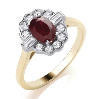 9ct Gold Ruby and Baguette Diamond oval cluster ring