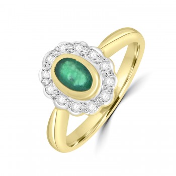 9ct Gold Emerald and Diamond Rubover Cluster ring