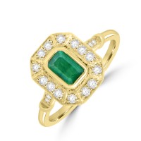 9ct Gold Emerald and Pave Diamond octagonal Cluster ring