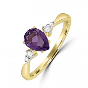 9ct Gold Pear Amethyst and Diamond Three-stone ring