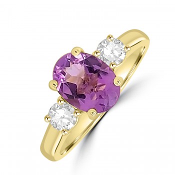 9ct Gold Oval Amethyst and Diamond Three-stone ring